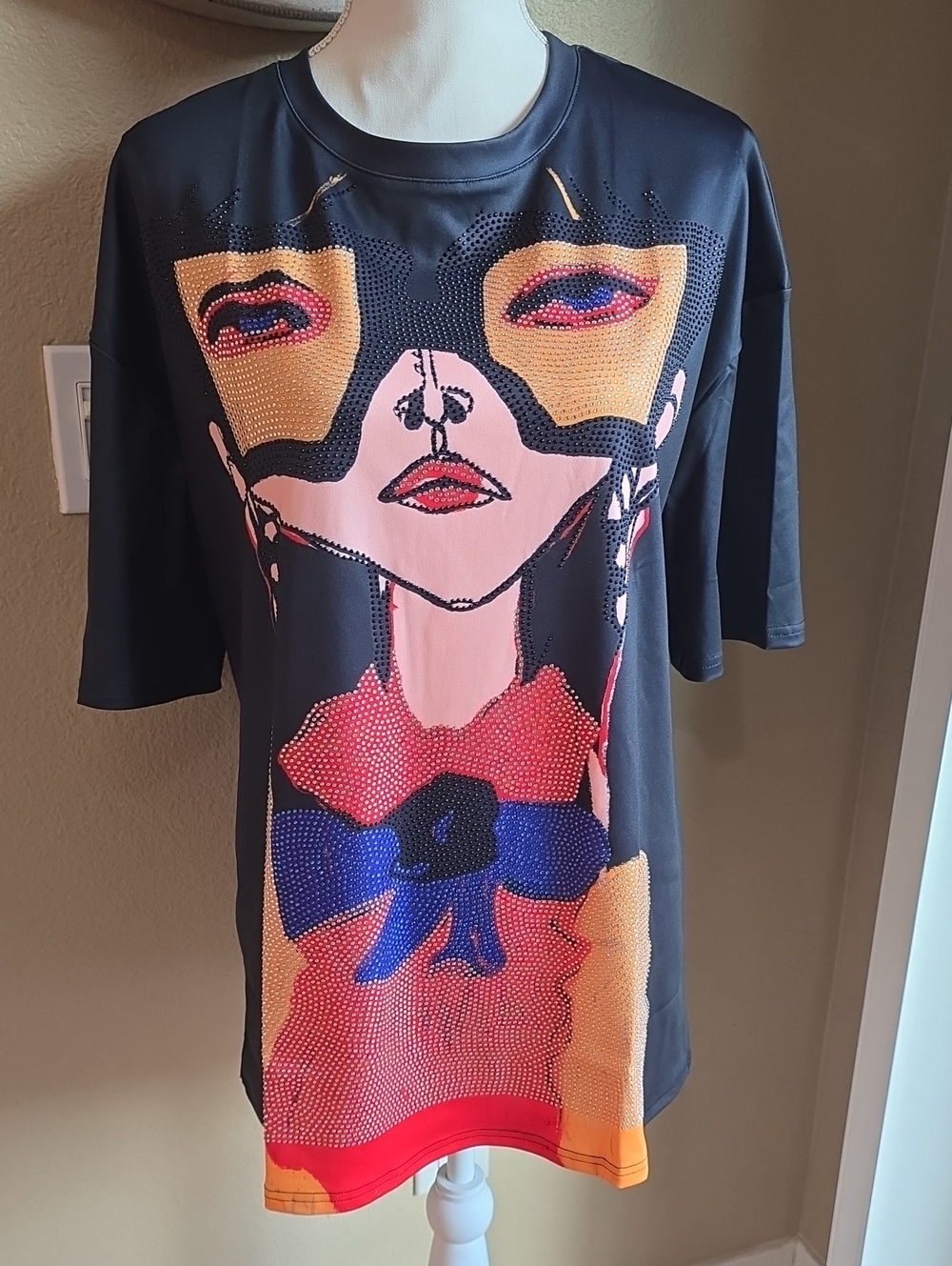 Graphic Rhinestone Masked Face Tee in Black, Red & Blue